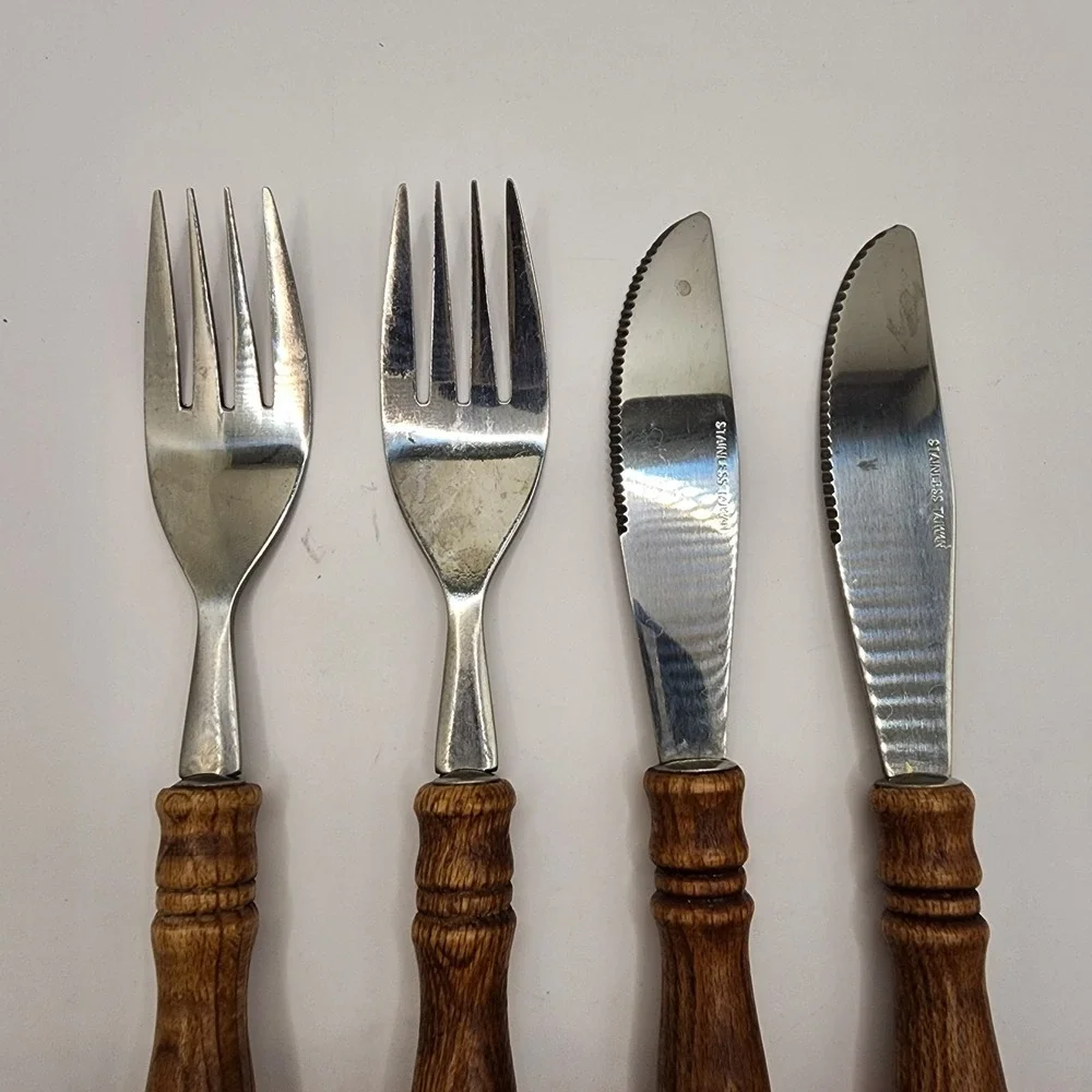 Vintage Old Homestead Stainless Steel Wood Handle Forks & Butter Knives Set of 4